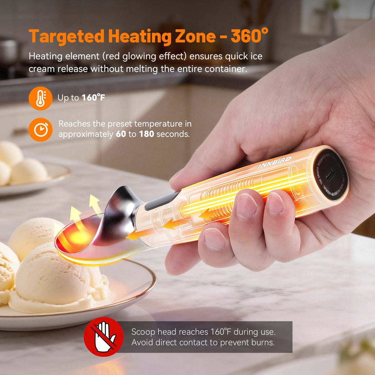 Heated Ice Cream Scoop Rapid Heating Food Grade Stainless Steel 3-Level Temperature Control Waterproof, Effortless Scooping for Seniors, Kids & Women