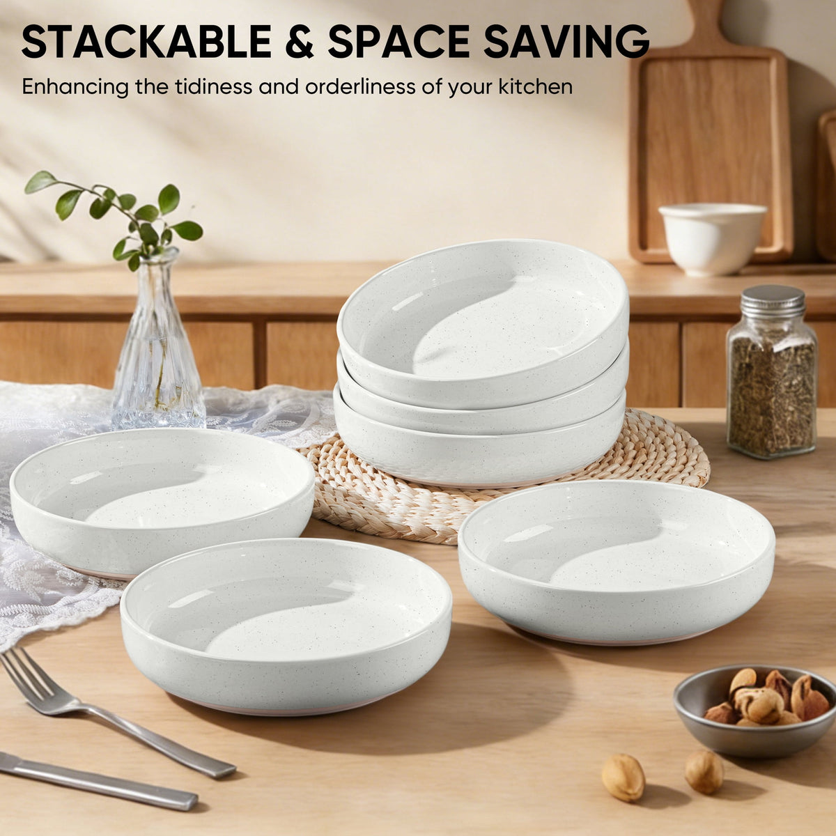 Vesteel Pasta Bowls Set of 6, 32oz Large Salad Bowl for Home Kitchen, Ceramic Serving Plates for Soup, Cereal, Fruits, Microwave & Dishwasher Safe, Speckled White