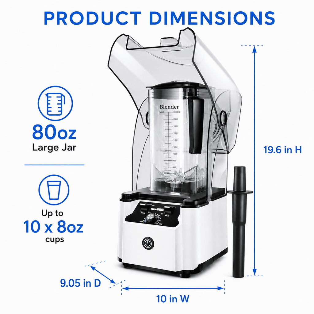 WantJoin Blender-Commercial Blender with Soundproof Shield, Enclosure 2200W ,Quiet Professional-Grade Power,Self-Cleaning,Gray