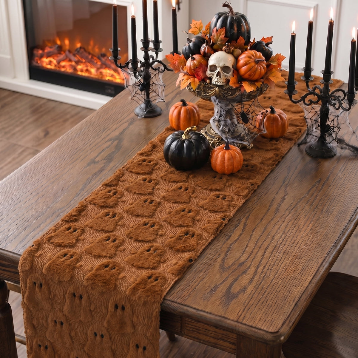 Sm:)e White Ghost Halloween Table Runner 13x72 Inch, Soft Plush Faux Fur Mantel Kitchen Dining Table Decor, Halloween Home Party Decor