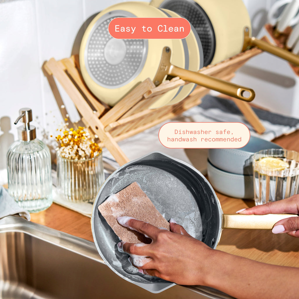 Beautiful 12-Piece Cookware Set, Pots and Pans with Strainer Lids and EverGood Ceramic Nonstick Coating, White Icing by Drew Barrymore