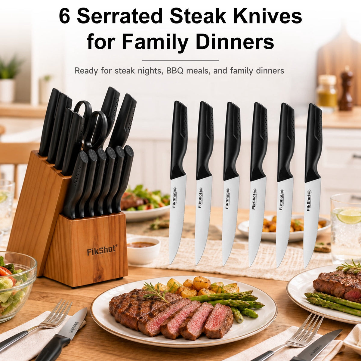 Knife Set with Block and Sharpener, High Carbon Stainless Steel Chef Knife block Set for Kitchen（15 PCS Pro Black）