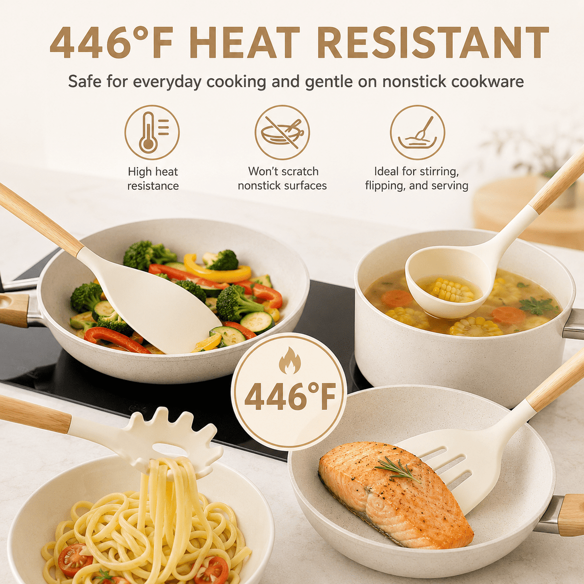 NULAS Kitchen Utensils Set, 37 pcs Non-Stick Silicone Cooking Kitchen Utensils Spatula Set with Holder,446℉ Heat Resistant,Wood Handle Kitchen Gadgets,Black