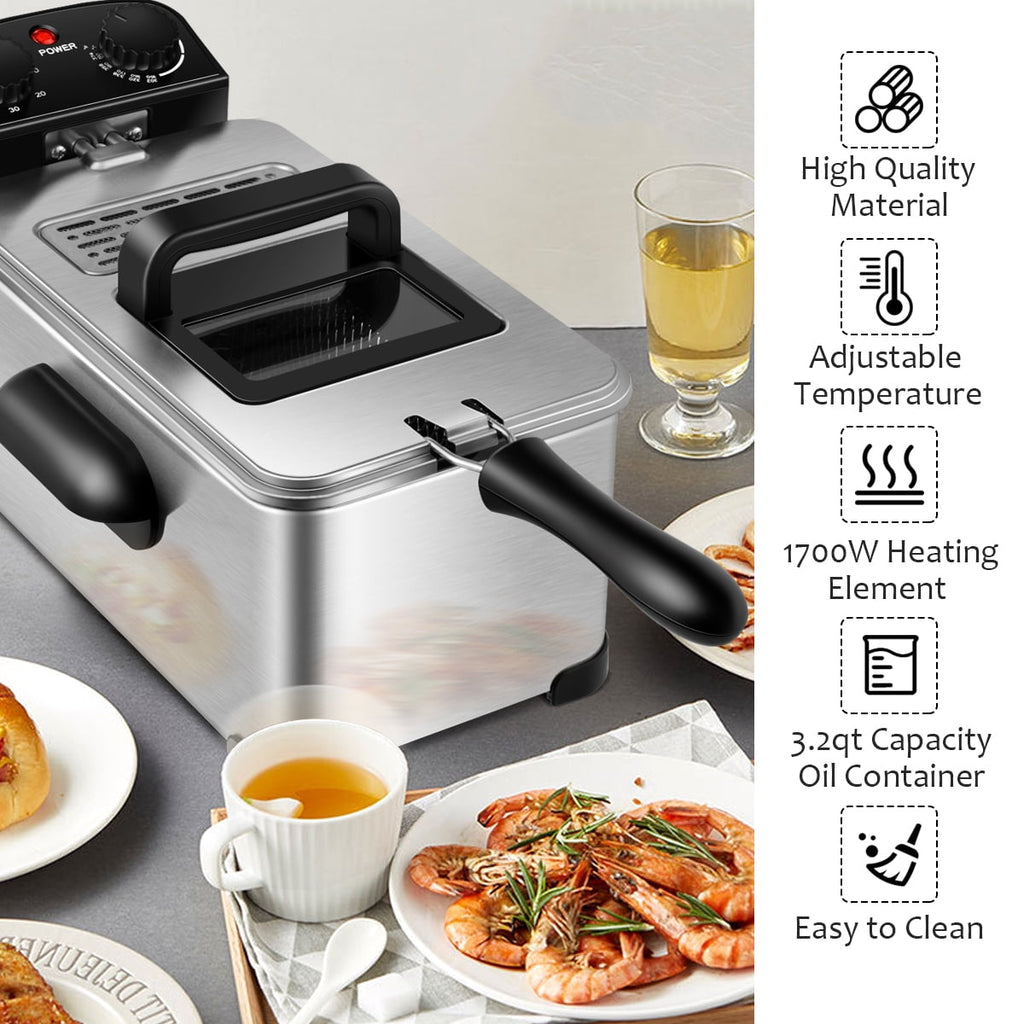 Costway Electric Deep Fryer 3.2 QT/12-Cup Stainless Steel 1700W with Frying Basket Silver