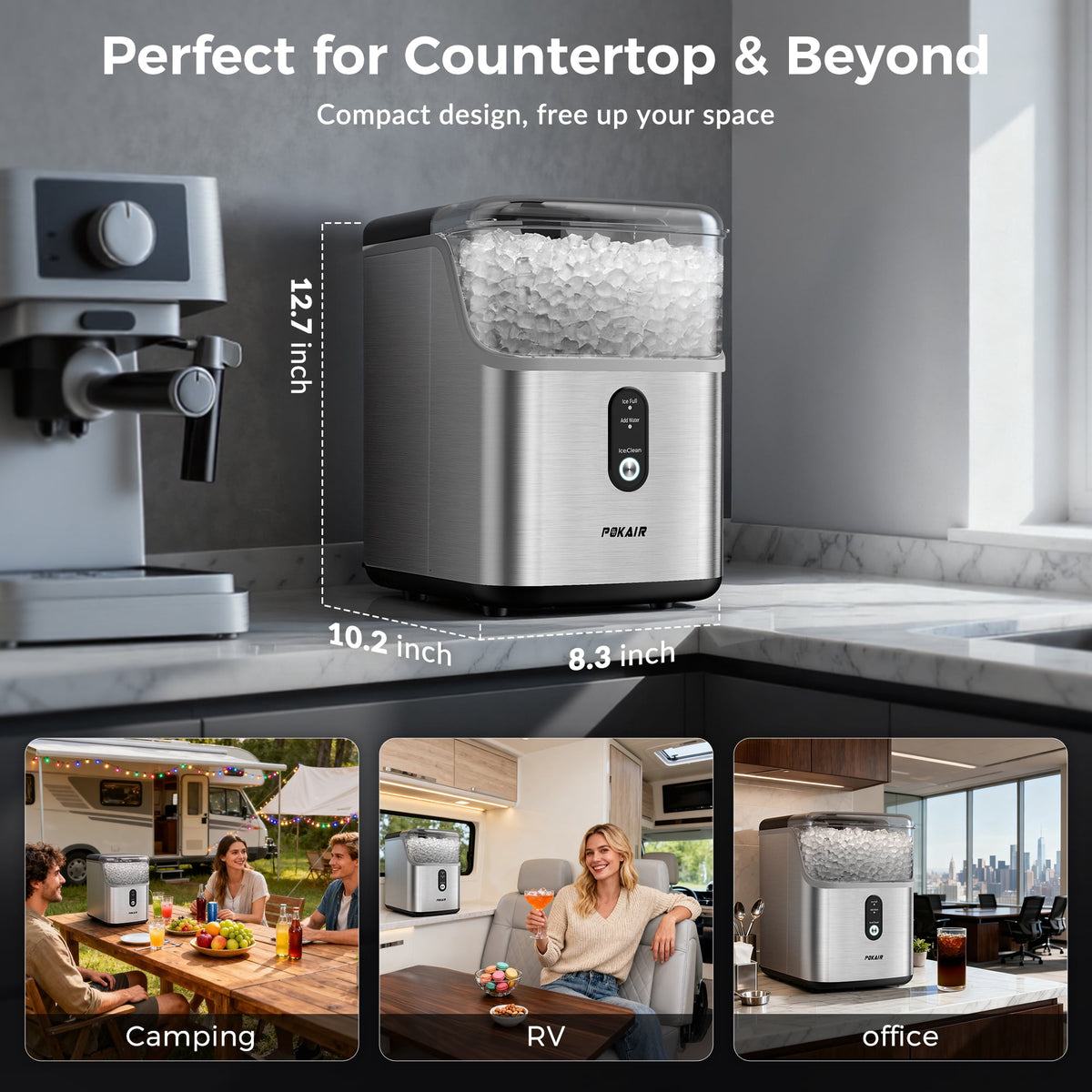 POKAIR Nugget Ice Maker Countertop, Sonic-Style Chewable Pebble Ice in 9 Min, 33 lbs/Day, Self-Cleaning, One-key Control, ETL, Brushed Stainless Steel