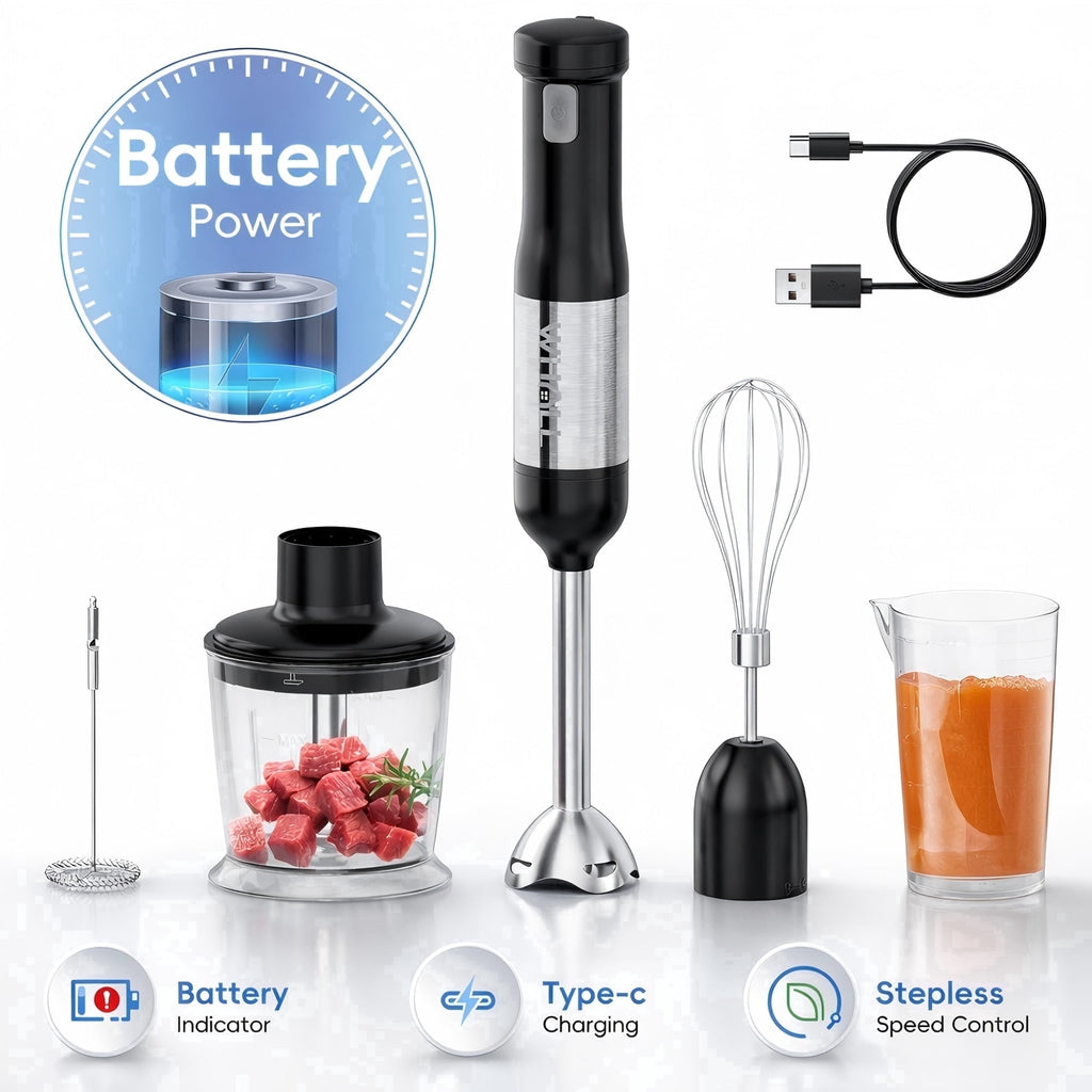 WHALL Cordless Immersion Blender, Rechargeable 5-in-1 Hand Blender with Whisk, Milk Frother Attachments, Portable Stick mixed,700ml Beaker, 500ml Chopper