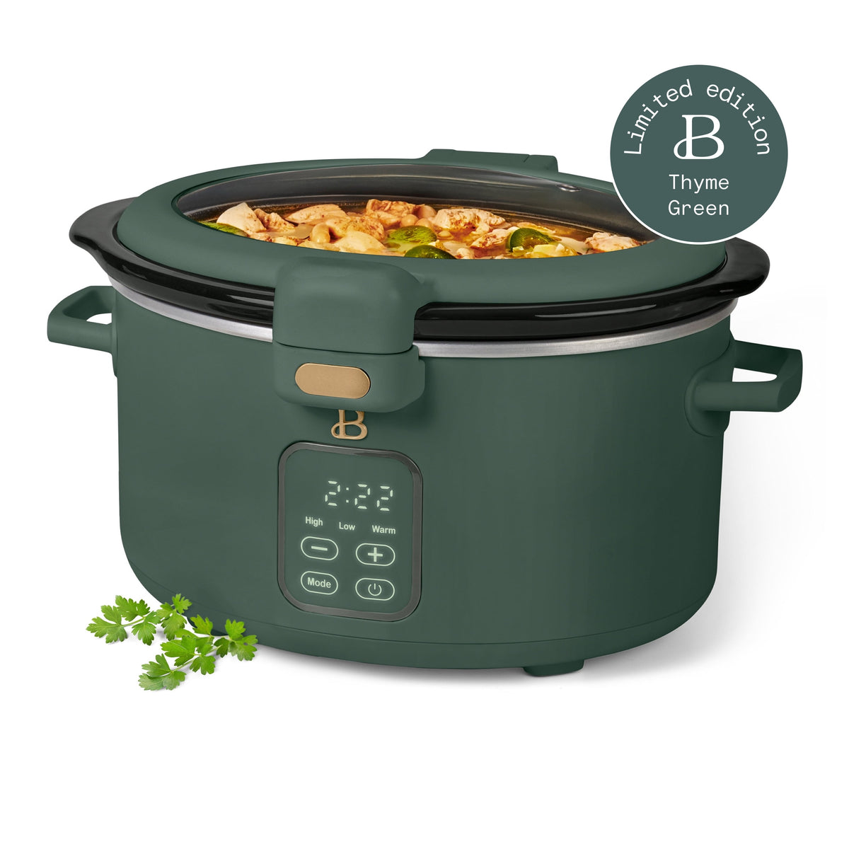 Beautiful 4 Qt Digital Slow Cooker with Hinged Locking Lid, Thyme Green by Drew Barrymore