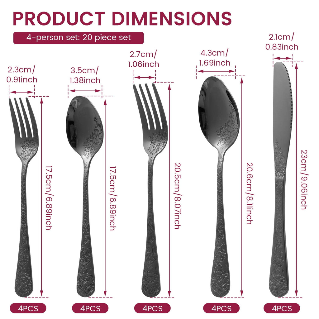 20 Pcs Floral Silverware Set Including Fork Spoon and Knife Stainless Steel Flatware Set Vintage Cutlery Set Mirror Polished Utensil Set for Kitchen Dishwasher Safe Service for 4