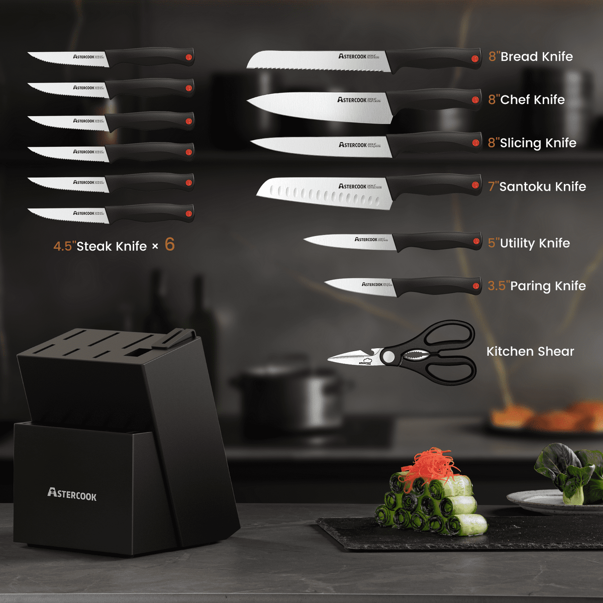 Astercook 15-Piece Kitchen Knife Set, Knives Block Set with Built-in Sharpener, Healthy Anti-Rust Coating & German Stainless Steel Knife Set, Dishwasher Safe Black