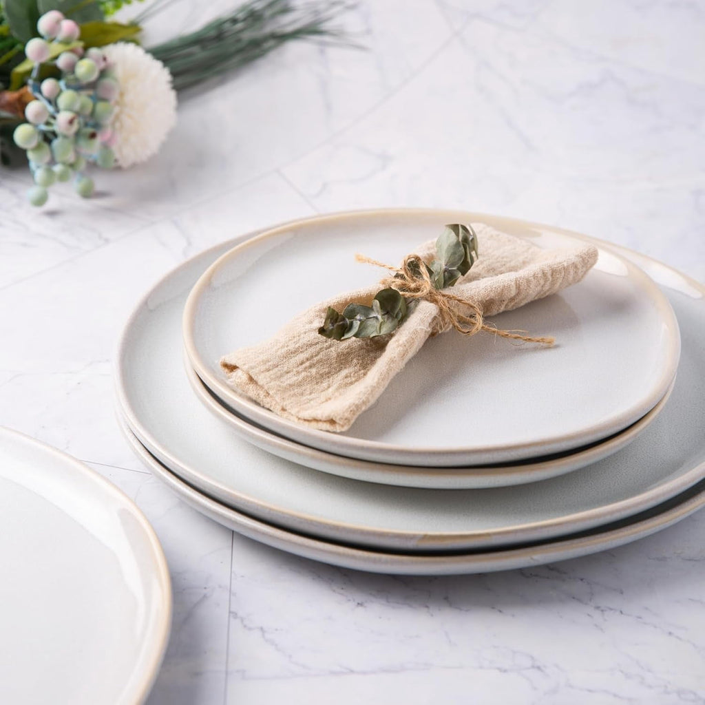 AmorArc Ceramic Plates Set of 6, 8.5 Inch Handmade Reactive Glaze Stoneware Plates set for Dessert, Salad, Appetizer, Dinner, Microwave & Dishwasher Safe, Scratch Resistant-Pearl White