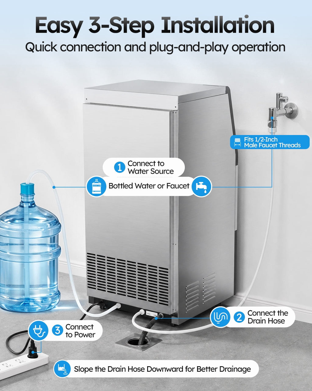 Ecojoy Commercial Ice Maker Machine, 150 Lbs/Day Stainless Steel Under Counter Ice Maker, 40Lbs Ice Storage Bin, Water Filter, 45 Cubes in 8-12 Mins