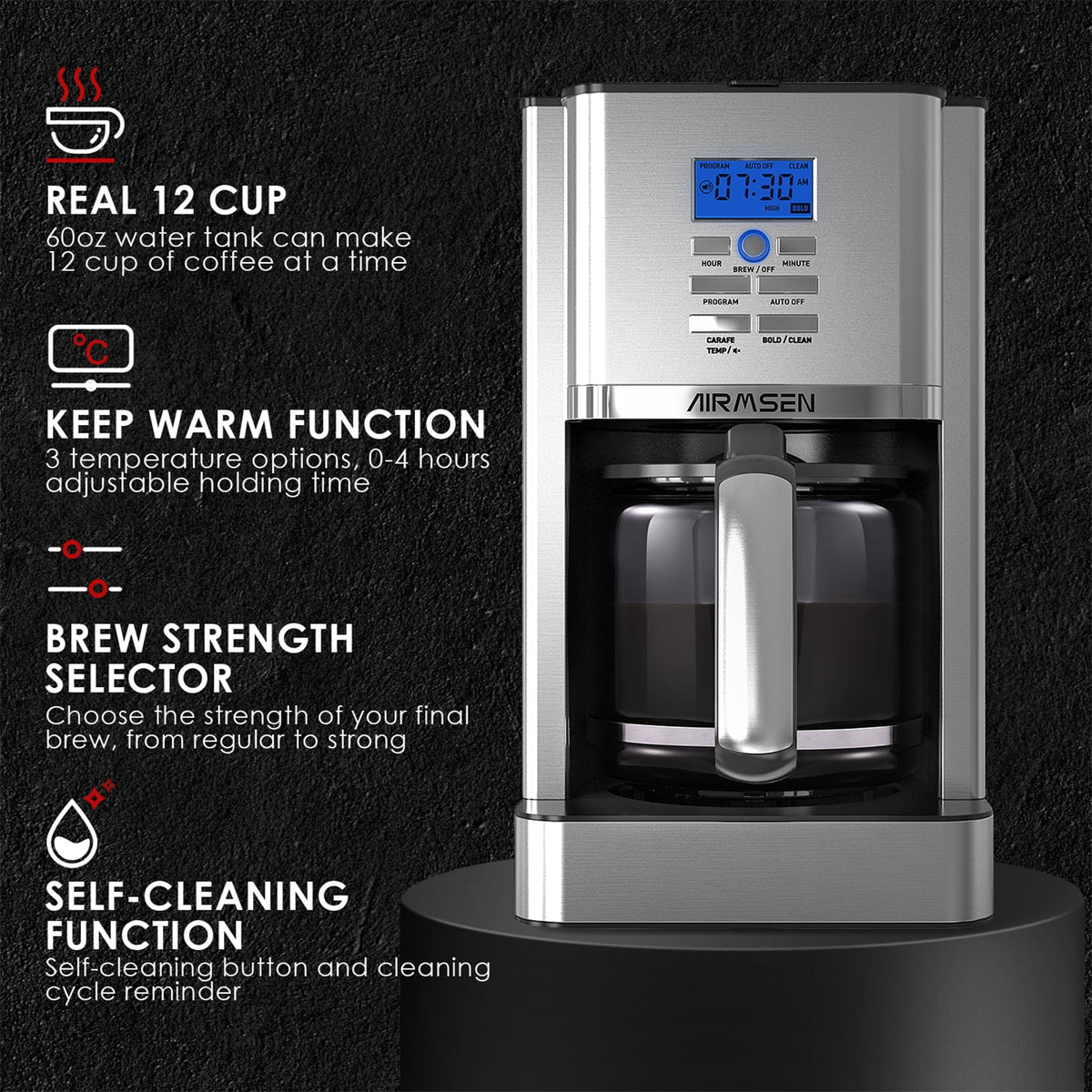 AIRMSEN Stainless Steel 12 Cup Drip Coffee Maker, Programmable Coffee Machine Self-Cleaning