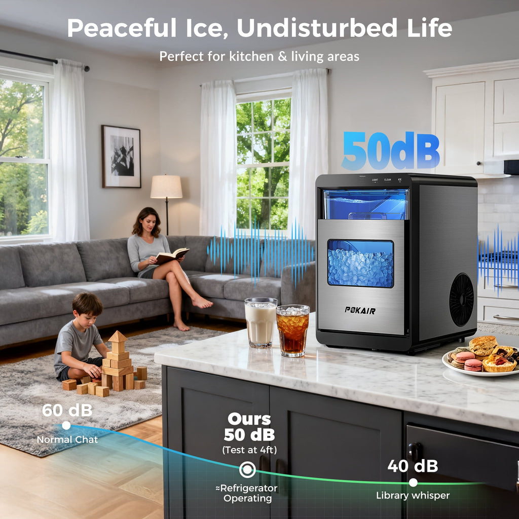 POKAIR Countertop Nugget Ice Maker for Fresh Chewable Ice, 44 lbs/Day Pebble Ice Machine, 9-Min Ice, Self-Cleaning, ETL, Brushed Stainless Steel