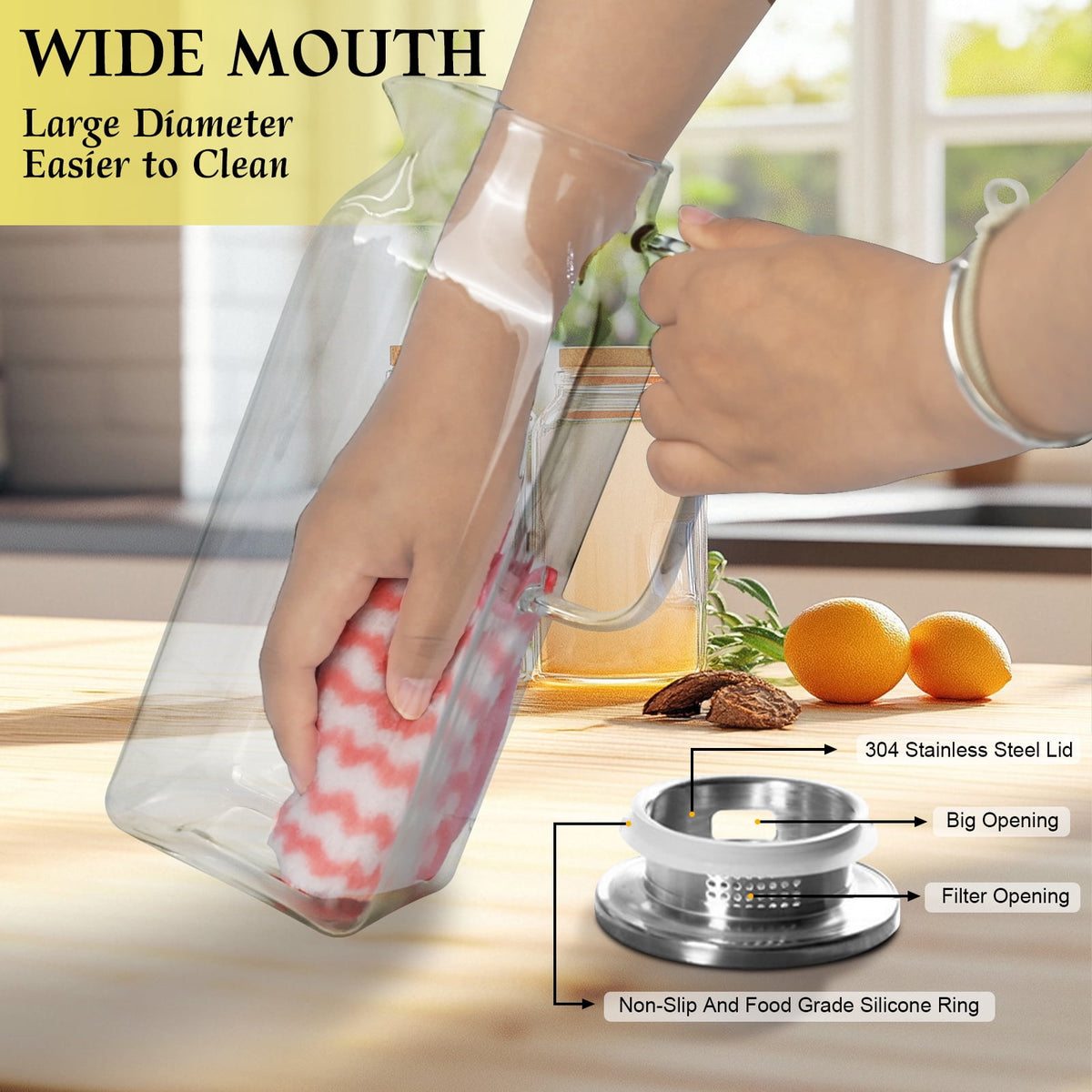 Soulgenix 2L Glass Pitcher, Square Glass Carafe with Stainless Steel Lid, 68 oz Carafe for Water, Juice, Iced Tea, Coffee