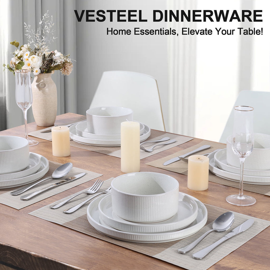 Vesteel 12 Pieces Dinnerware Set for 4, Premium Stoneware Ribbed Dishes, Chip & Scratch Resistant Plates and Bowls Set for Home Restaurant, Microwave and Dishwasher Safe - Speckled White