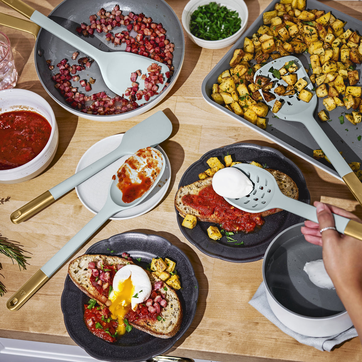 Beautiful 6-Piece Silicone Kitchen Tool Set with Ceramic Crock, Chocolate by Drew Barrymore