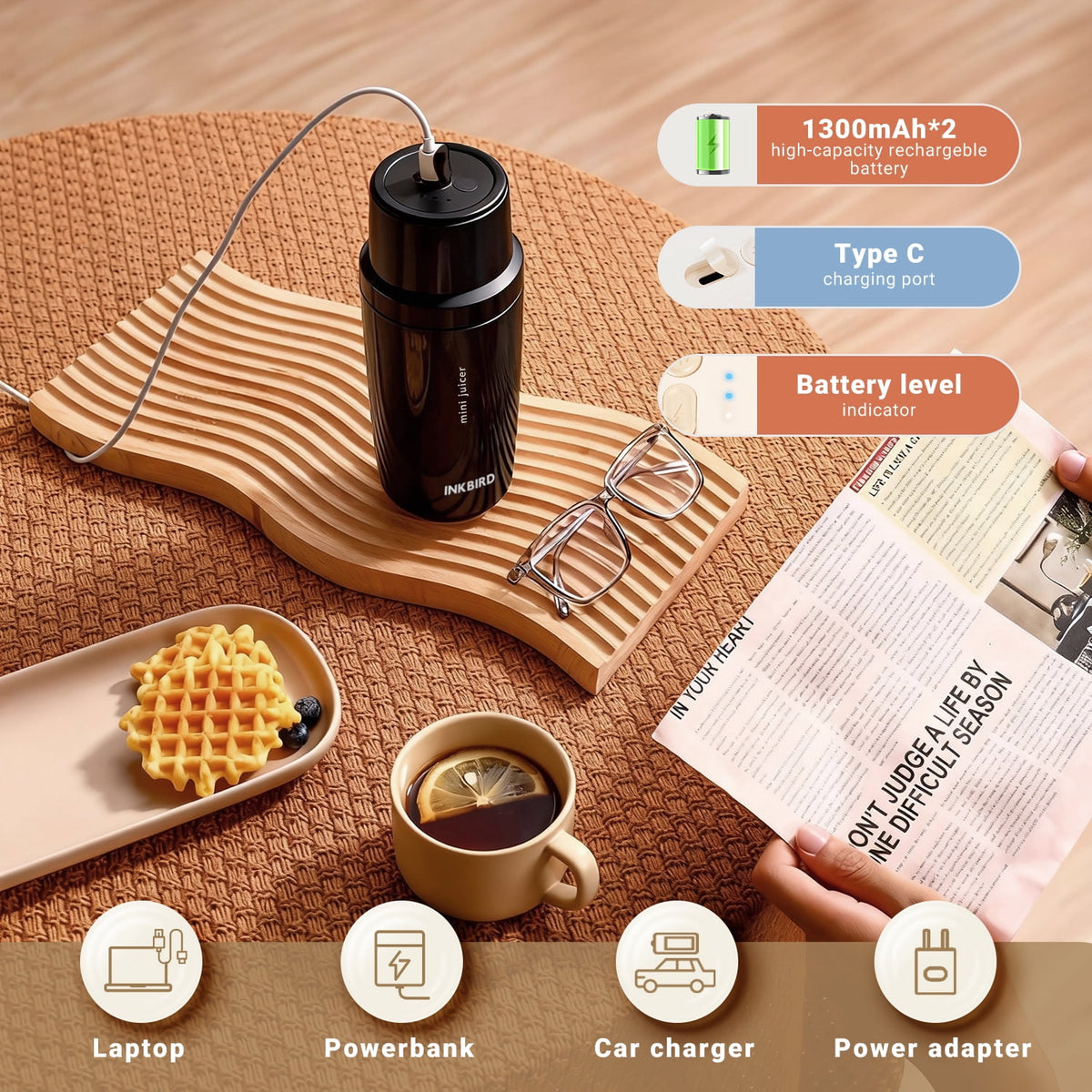 Inkbird Portable Blender with Insulated Cup, Cordless Electric Protein Shaker Bottle - USB Rechargeable Mixer Cup for Shakes and Meal Replacements, BPA-Free Tritan,320ml