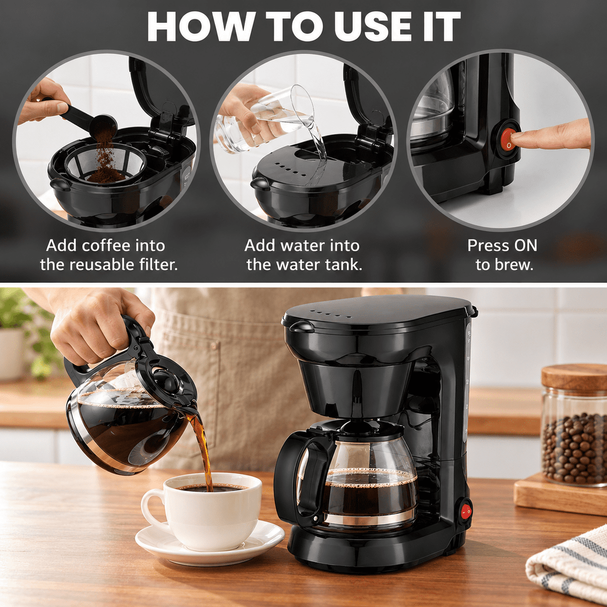Coffee Maker, 6-Cup Drip Coffee Maker with Glass Carafe, Reusable Filter, Pause and Serve, Keep Warm, Black