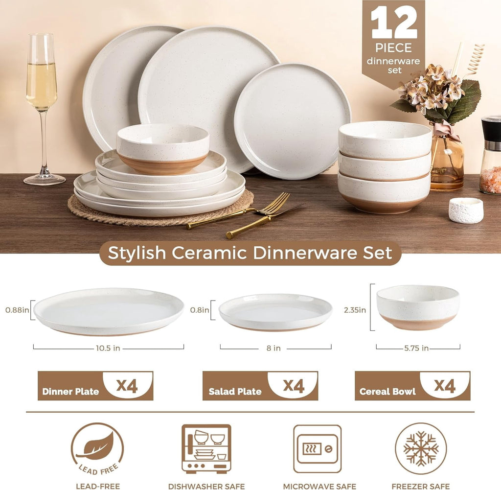 AmorArc Ceramic Dinnerware Sets for 4, 12 Pieces Handpainted Plates and Bowls Set with Rustic Terracotta Underside, Scratch Resistant Stoneware Dishes Set, Dishwasher & Microwave Safe,Light Beige