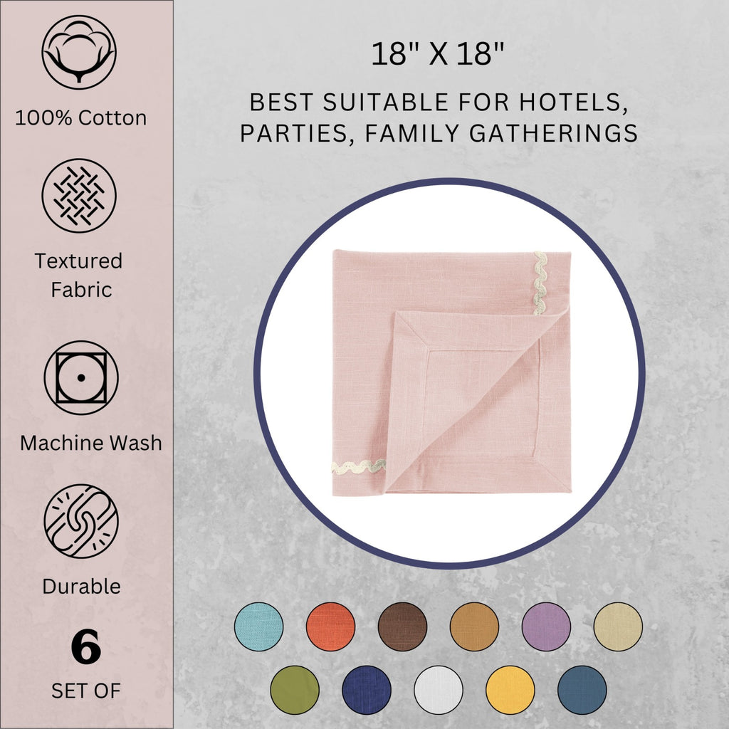 Fingercraft Cloth Napkin, Soft Quality Cotton Linen Blend Fabric, Dinner Napkins with Premium White Lace, 6 Pack, 20”x20” Aqua