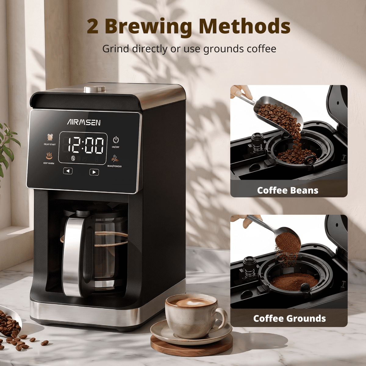 AIRMSEN 2 in 1 Coffee Maker with Grinder, 5-Cup Grind and Brew Coffee Pot, Programmable Coffee Machine, 3 Grind Settings, Up to 4-Hour Keep Warm & 24-Hour Delay Brew