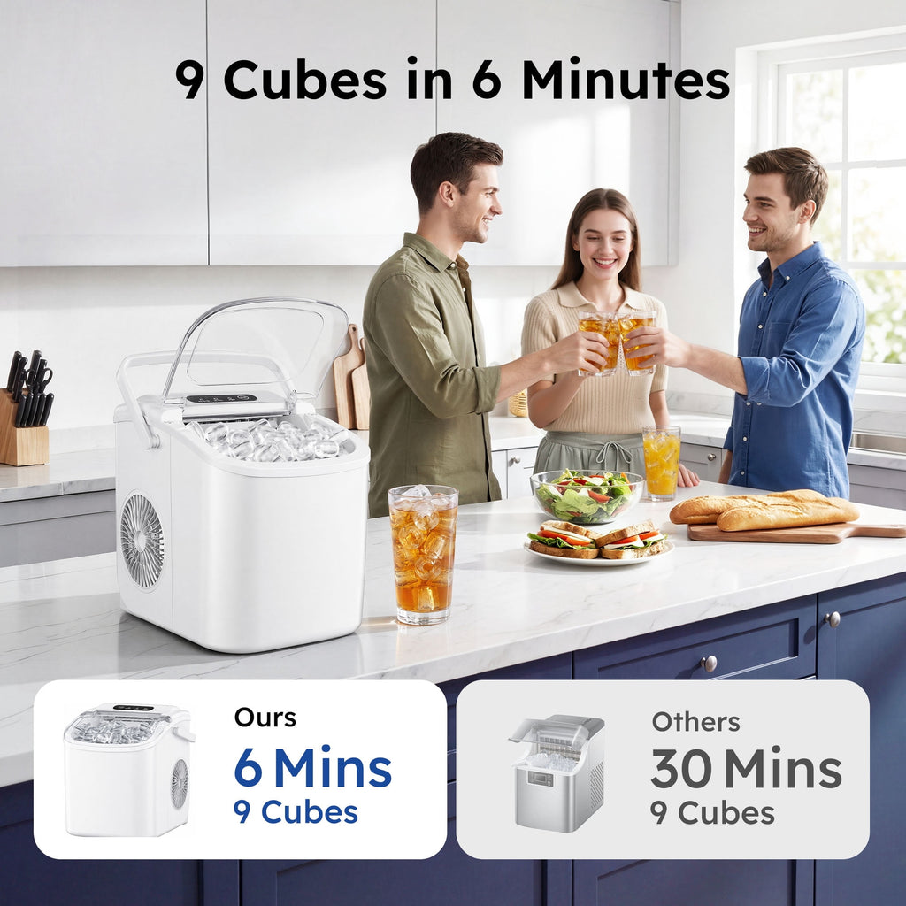 Simzlife Countertop Ice Maker, 26 Lbs/24H, 9 Bullet-Shaped Ice Cubes in 6 Minutes, Auto-Cleaning Ice Machine, Black