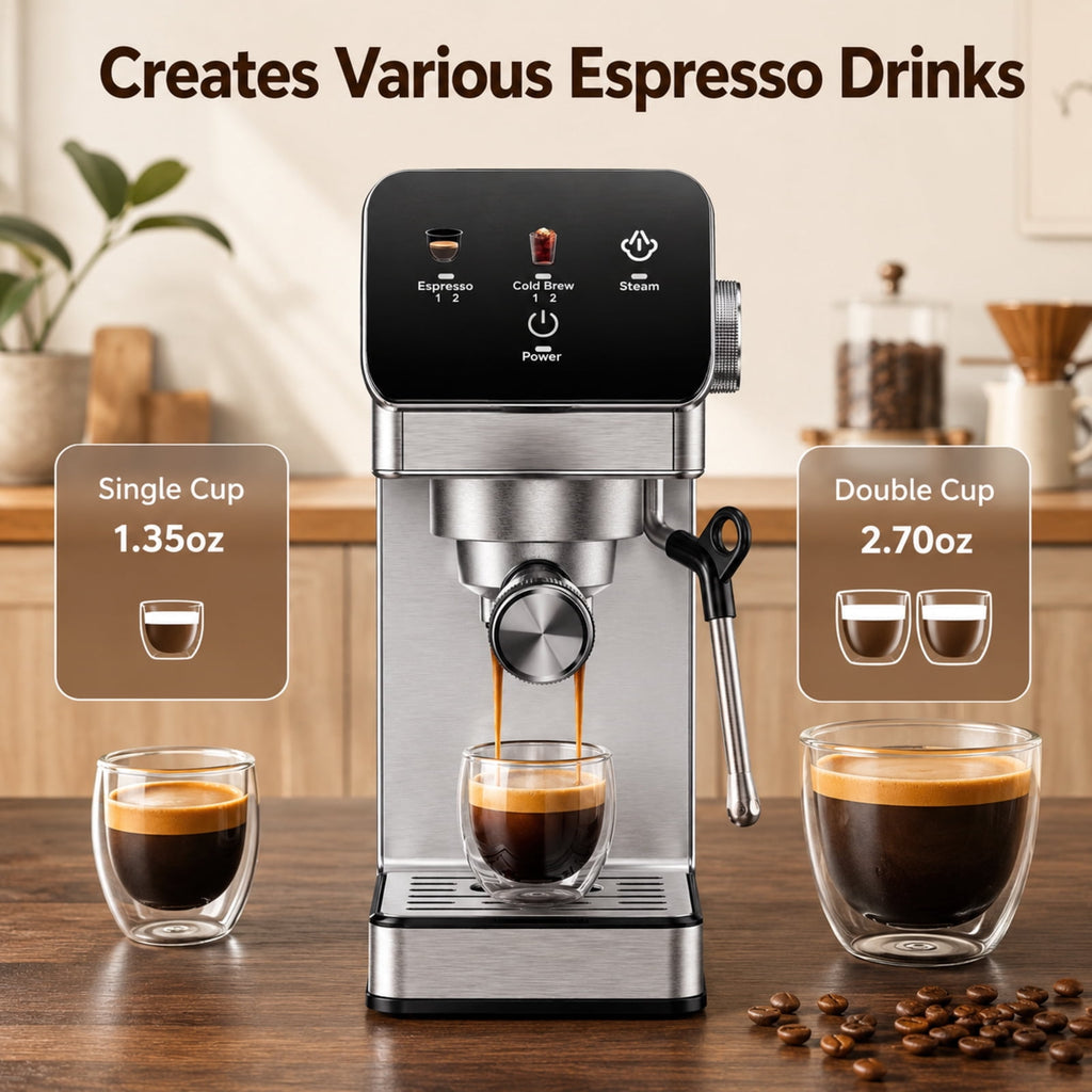 20-Bar Espresso Machine with Rapid Cold Brew, Stainless Steel Coffee Maker, 40oz Removable Water Tank for Cappuccino & Latte, Silver