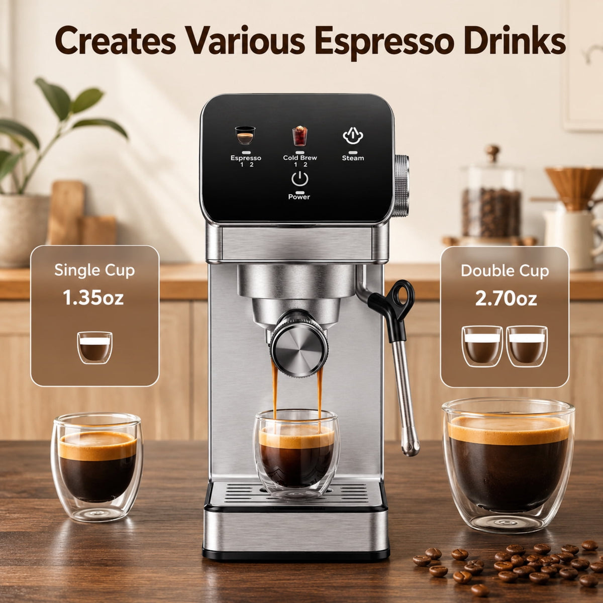 20-Bar Espresso Machine with Rapid Cold Brew, Stainless Steel Coffee Maker, 40oz Removable Water Tank for Cappuccino & Latte, Silver