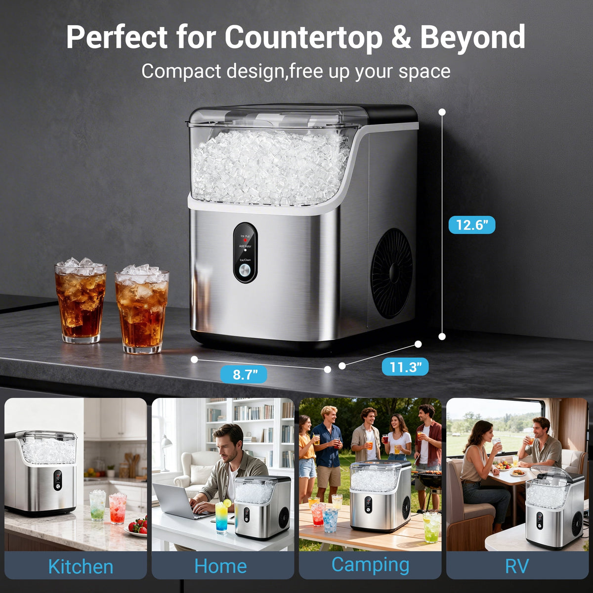 Snowyermine Nugget Ice Maker Countertop, 35 lbs per Day, Soft, Chewable Sonic-Style Pebble Ice, One-Touch Self-Cleaning, Stainless Steel, Black, for Home, Kitchen, Office, RV and Camping