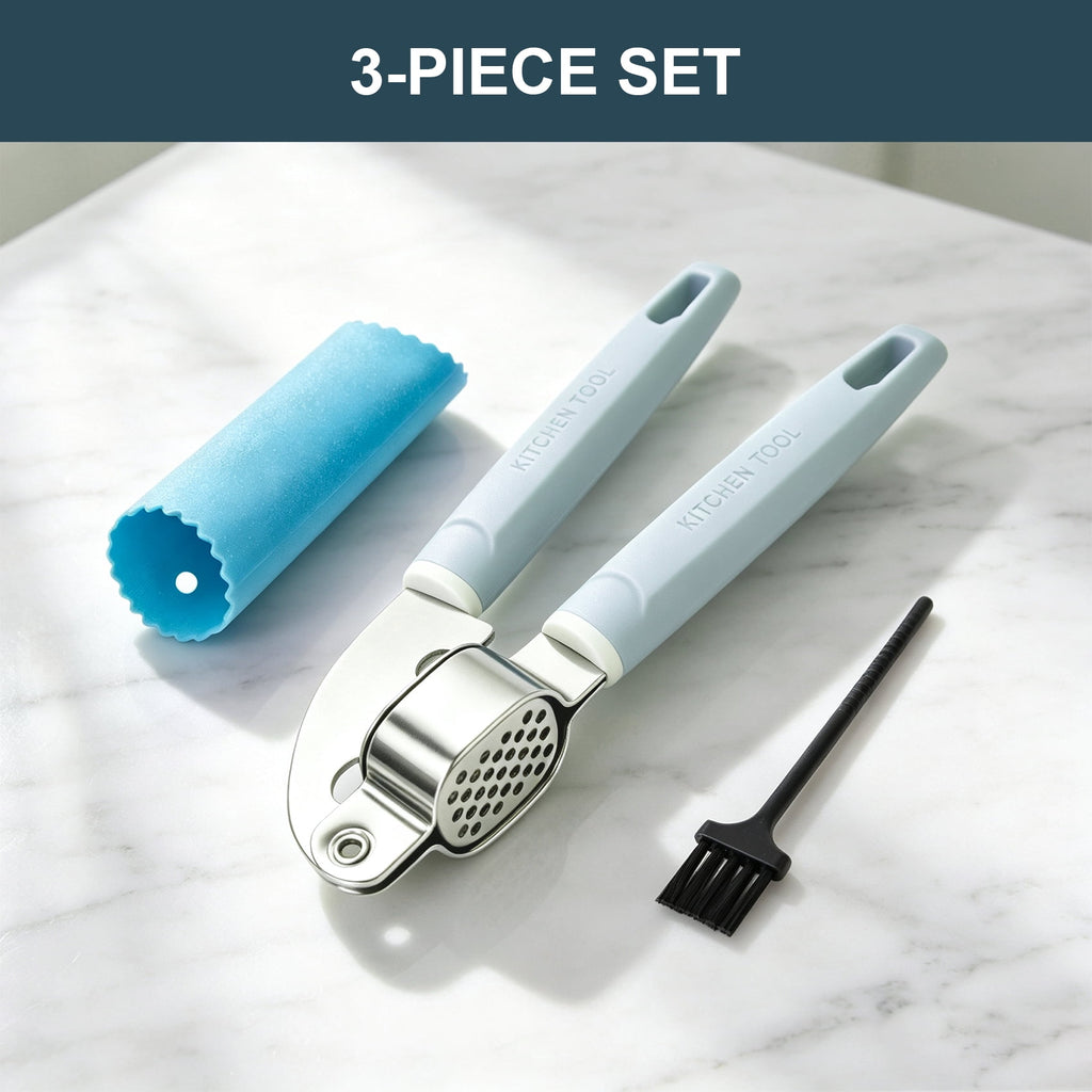3-Piece Garlic Press Set with Silicone Peeler & Cleaning Brush, Stainless Steel Mincer for Garlic and Ginger, Easy Squeeze Kitchen Tool