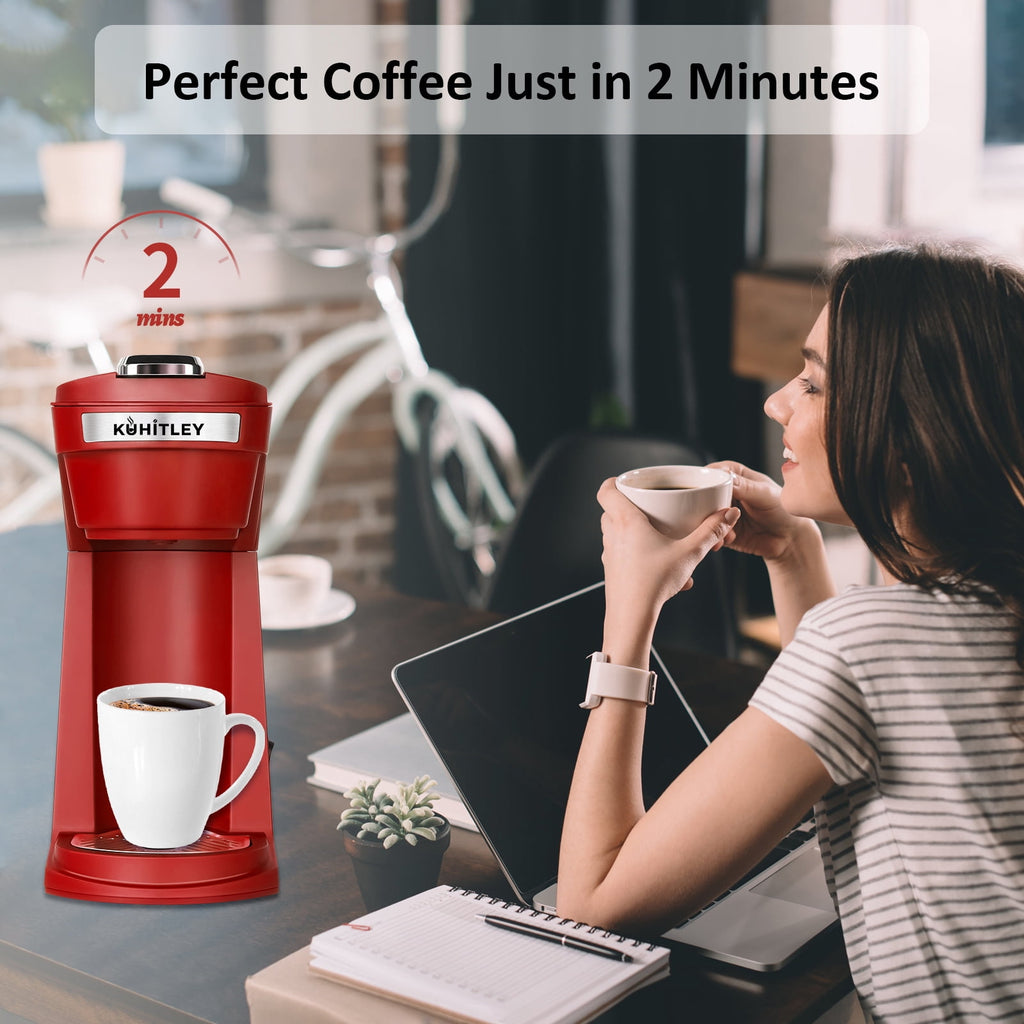 2 in 1 Single Serve Coffee Maker for K Cup Pods & Ground Coffee, Mini K Cup Coffee Machine with 6 to 14 oz Brew Sizes, Single Cup Coffee Brewer with One-Press Fast Brewing, Reusable Filters,Black