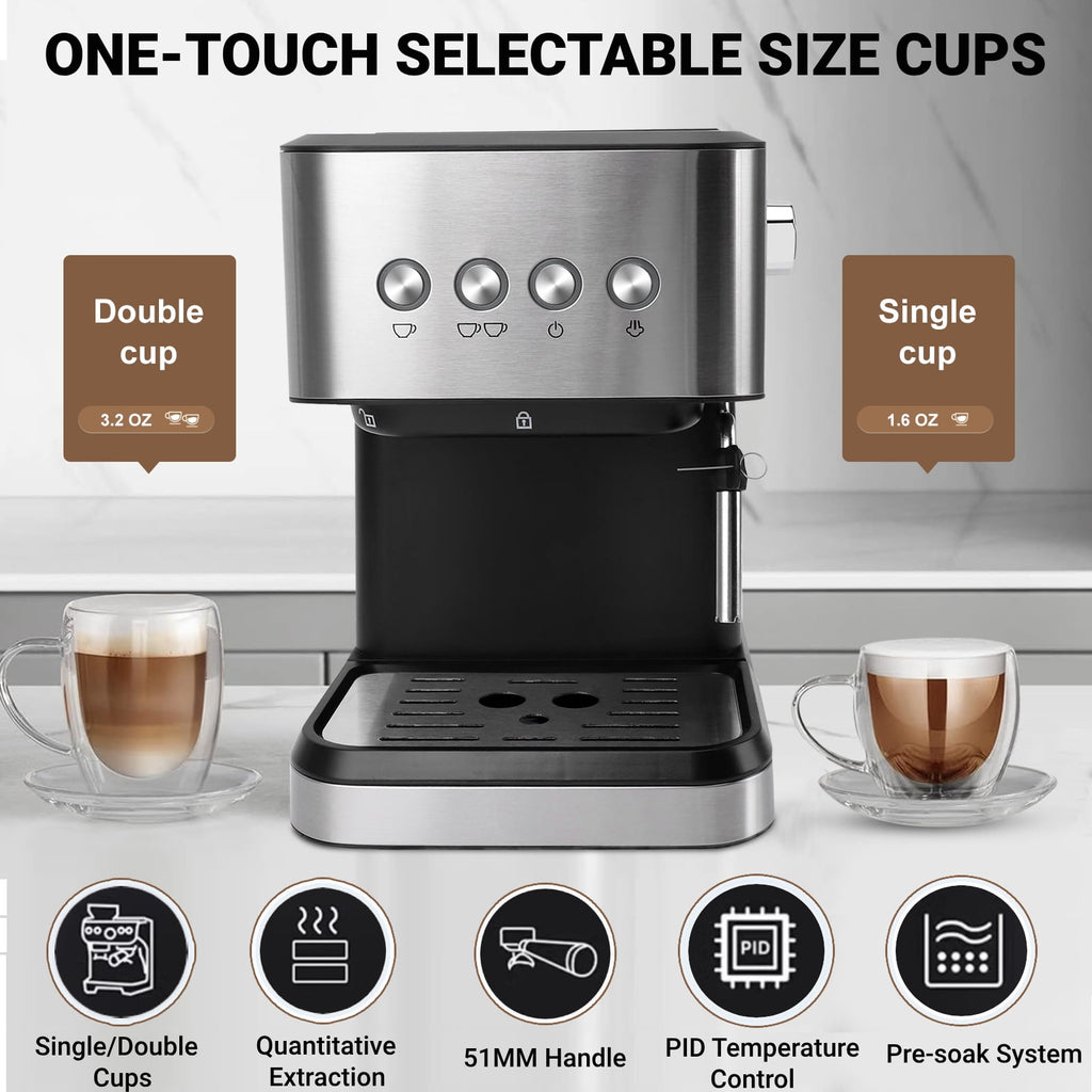 Fyydes Espresso Machine 20 Bar, 1.5L Water Tank with Milk Frother Steam, Stainless Steel Coffee Maker for Espresso, Latte, Mocha, Americano, 1050W, Silver