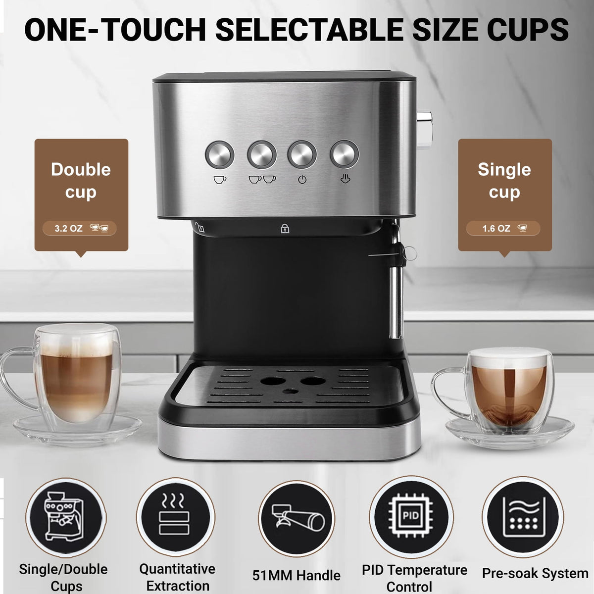 Fyydes Espresso Machine 20 Bar, 1.5L Water Tank with Milk Frother Steam, Stainless Steel Coffee Maker for Espresso, Latte, Mocha, Americano, 1050W, Silver