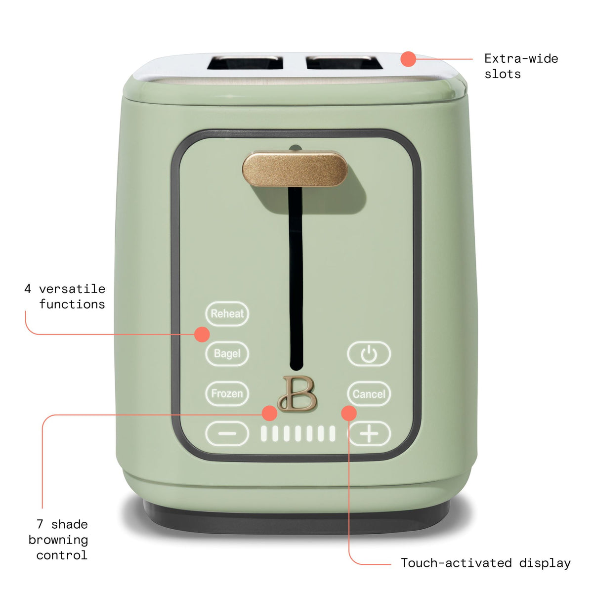Beautiful 2 Slice Toaster with Touch-Activated Display, Thyme Green by Drew Barrymore