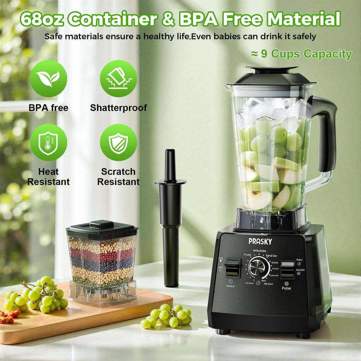 PRASKY Countertop Blender, 2-in-1 Professional Blender, 68oz Capacity 1000W 6 Speeds Blender for Kitchen with 25oz to-go Cup (Black)