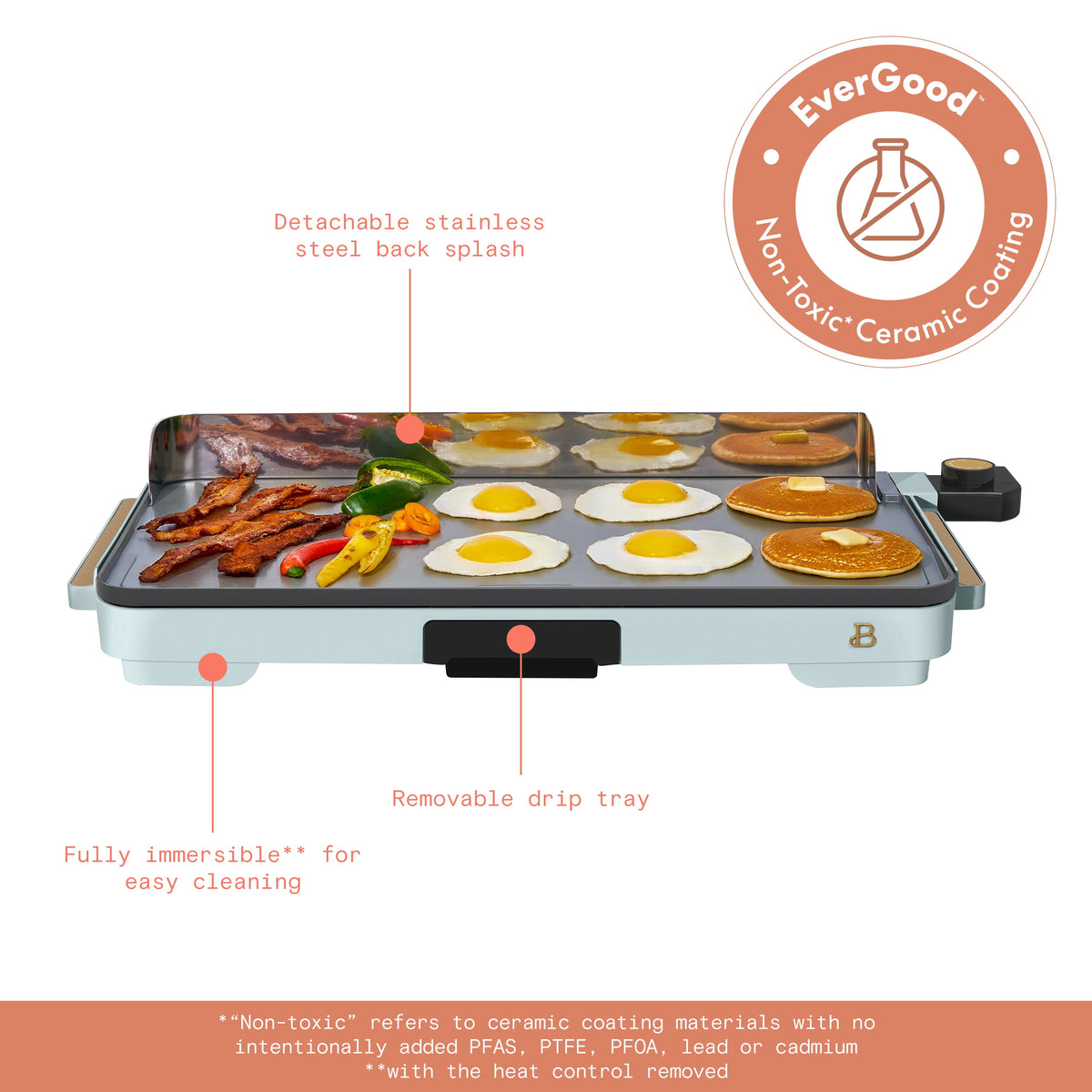 Beautiful XL Electric Griddle 12" x 22" with EverGood Ceramic Nonstick Coating, Thyme Green by Drew Barrymore