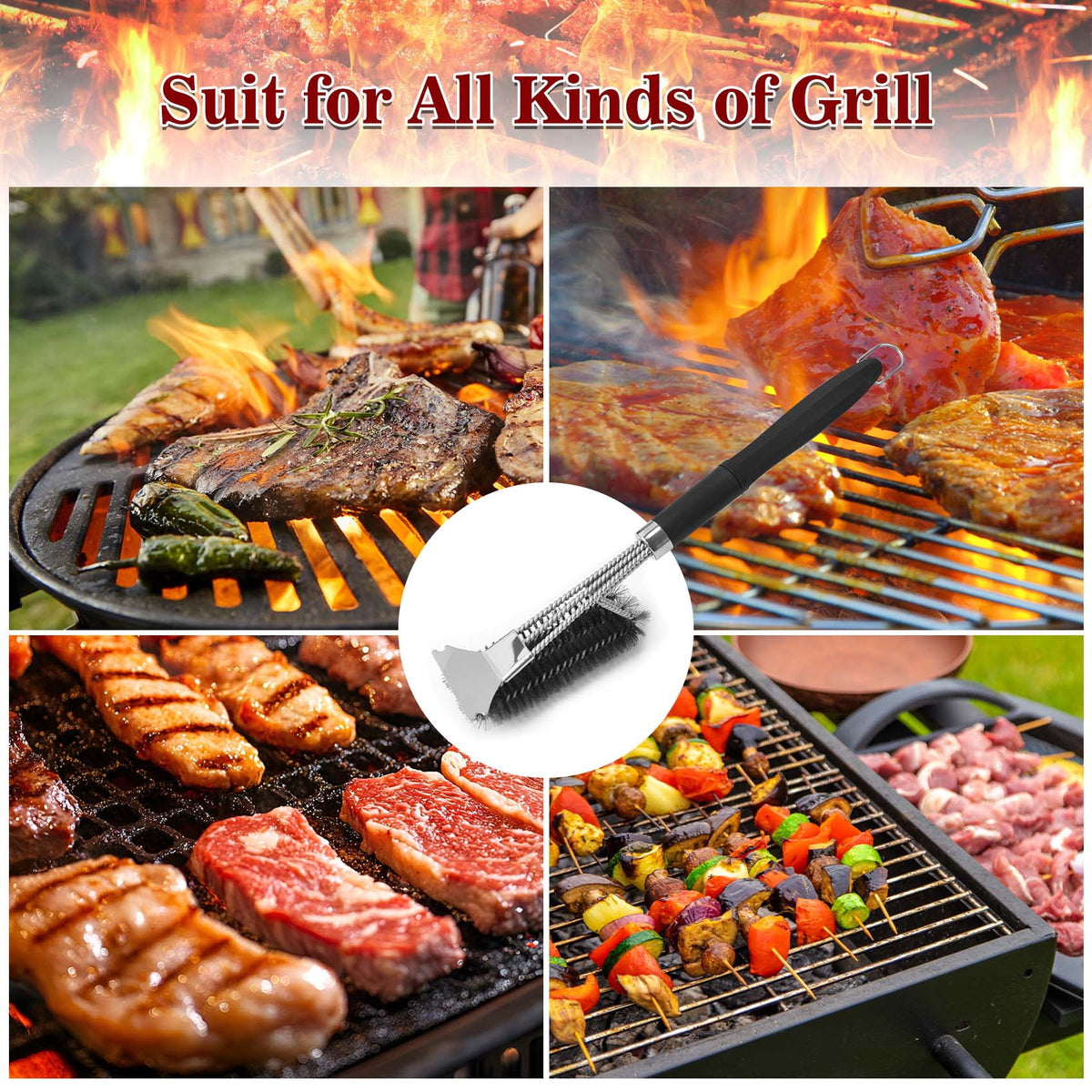 Grill Brush and Scraper, 3-in-1 BBQ Grill Brush for Outdoor Grill, 17.3" Heavy Duty Steel Wire Grill Cleaner, Detachable PP Handle, Gifts for Daddy