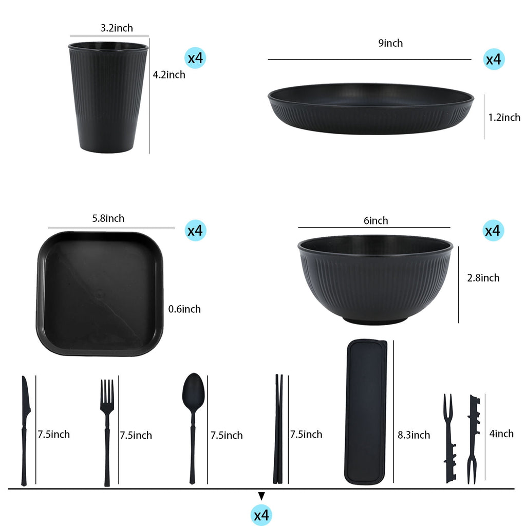 Soulgenix Wheat Straw Dinnerware Set, 48 Piece Plastic Plates and Bowls Sets for Microwave & Dishwasher Safe, Unbreakable Reusable Dish Set for Home, Dorm, Picnic, Black