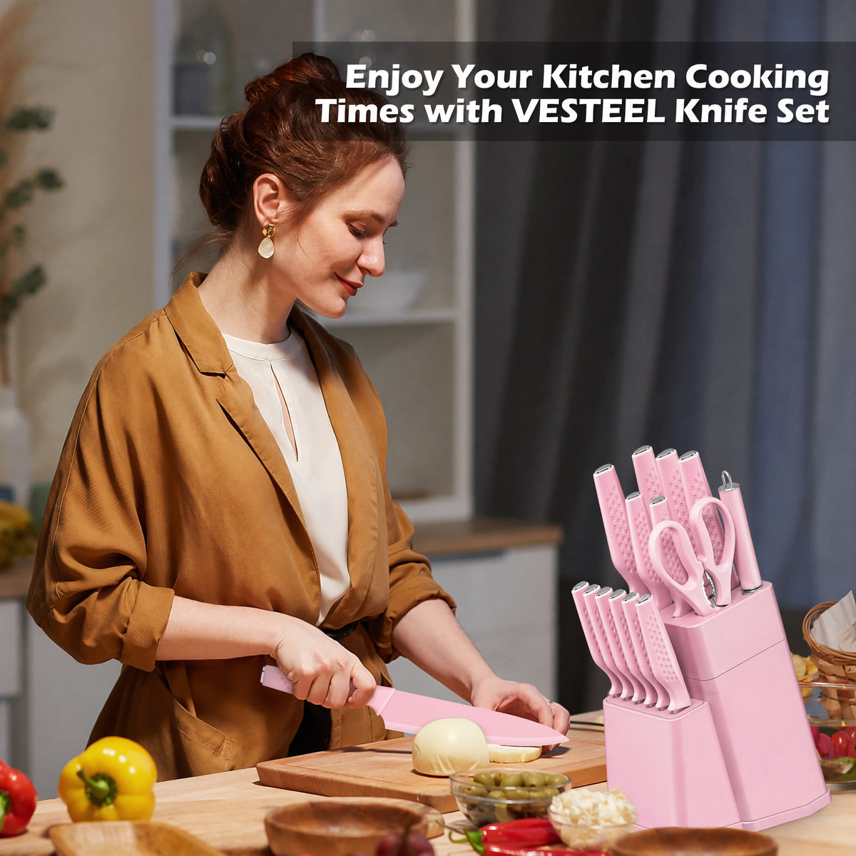 Vesteel Knife Block Set for Kitchen, 15-Piece High Carbon Stainless Steel Knives Set with Ergonomic Handle, Ultra-sharp & Rust Resistant, Walnut Brown