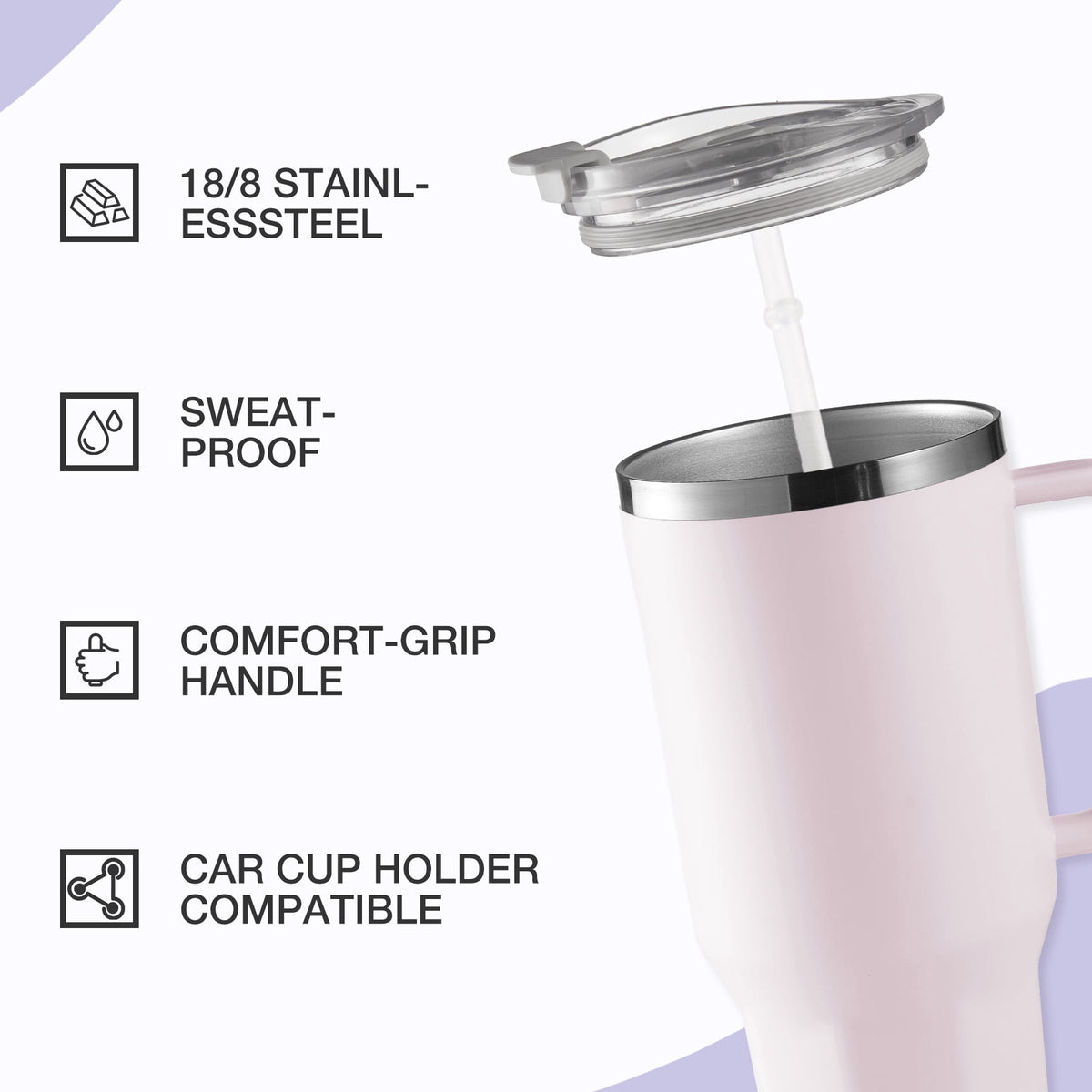 HONGBAKE 40 oz Tumbler with Handle and Straw Lid, Insulated Stainless Steel Tumbler, Travel Mug Fits Cup Holder, Dusty Lavender