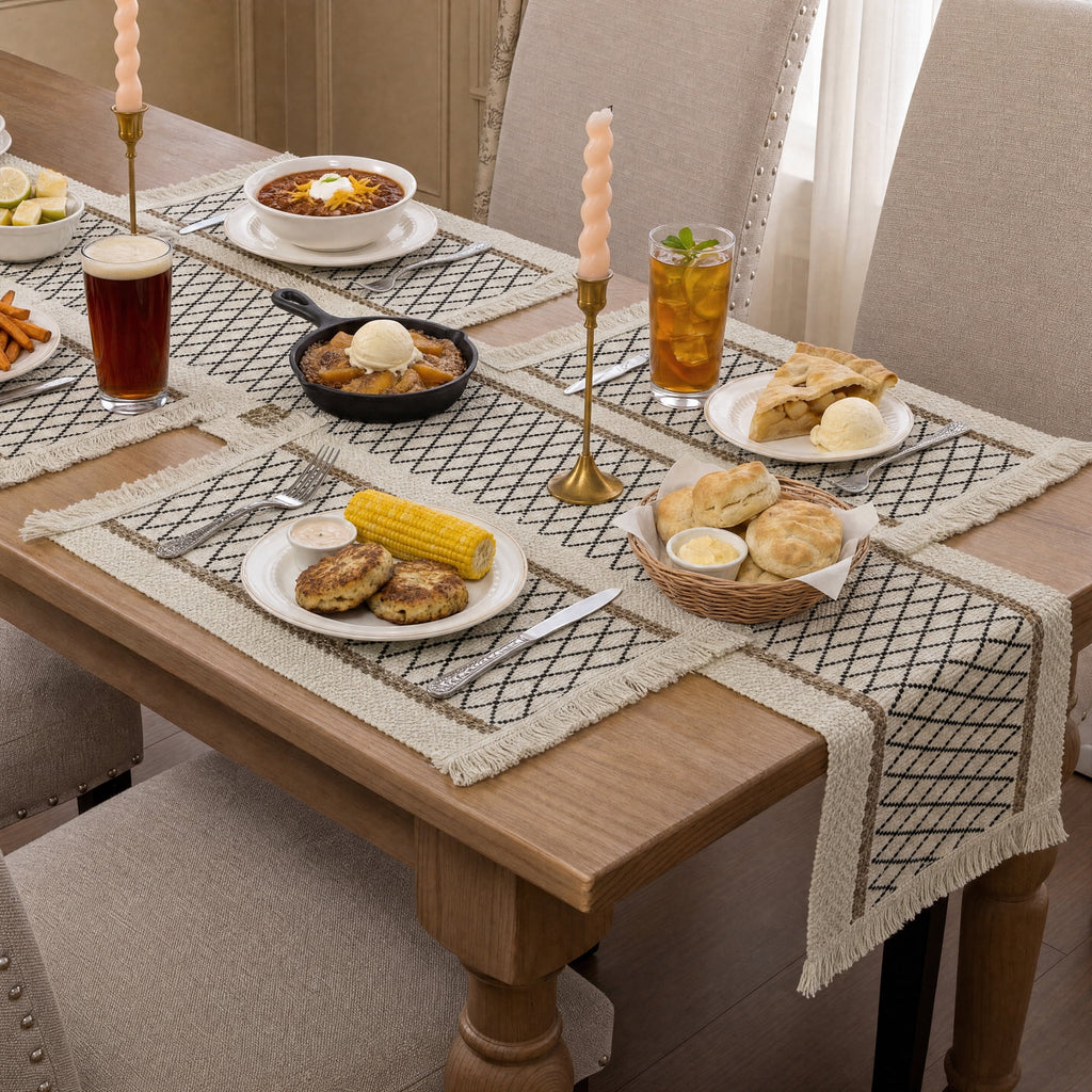 MeyJey Table Runner and Placemats Set of 4, Washable Fabric Rectangle Dining Table Mats with Tassels for Dining Tables, Kitchen, Red/Beige