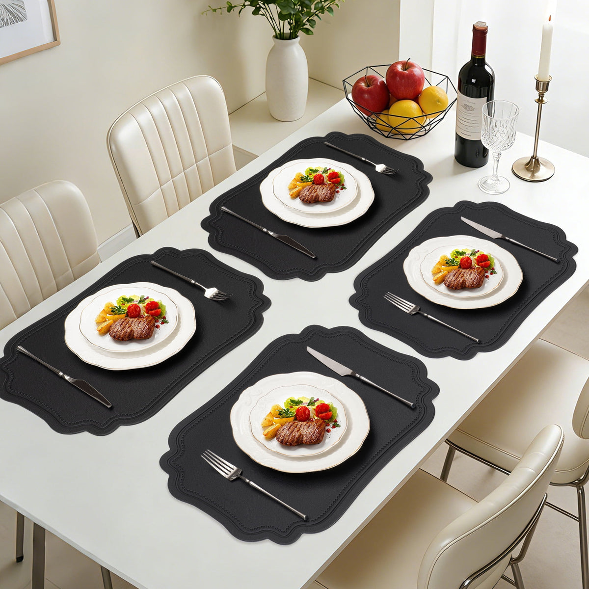 VCVCOO Placemats Set of 4 Beige Leather Place Mats Waterproof Wipeable Heat Resistant Sturdy Rectangle Kitchen Dining Table Mats for Indoor Outdoor Reversible Easy to Clean Place Mats