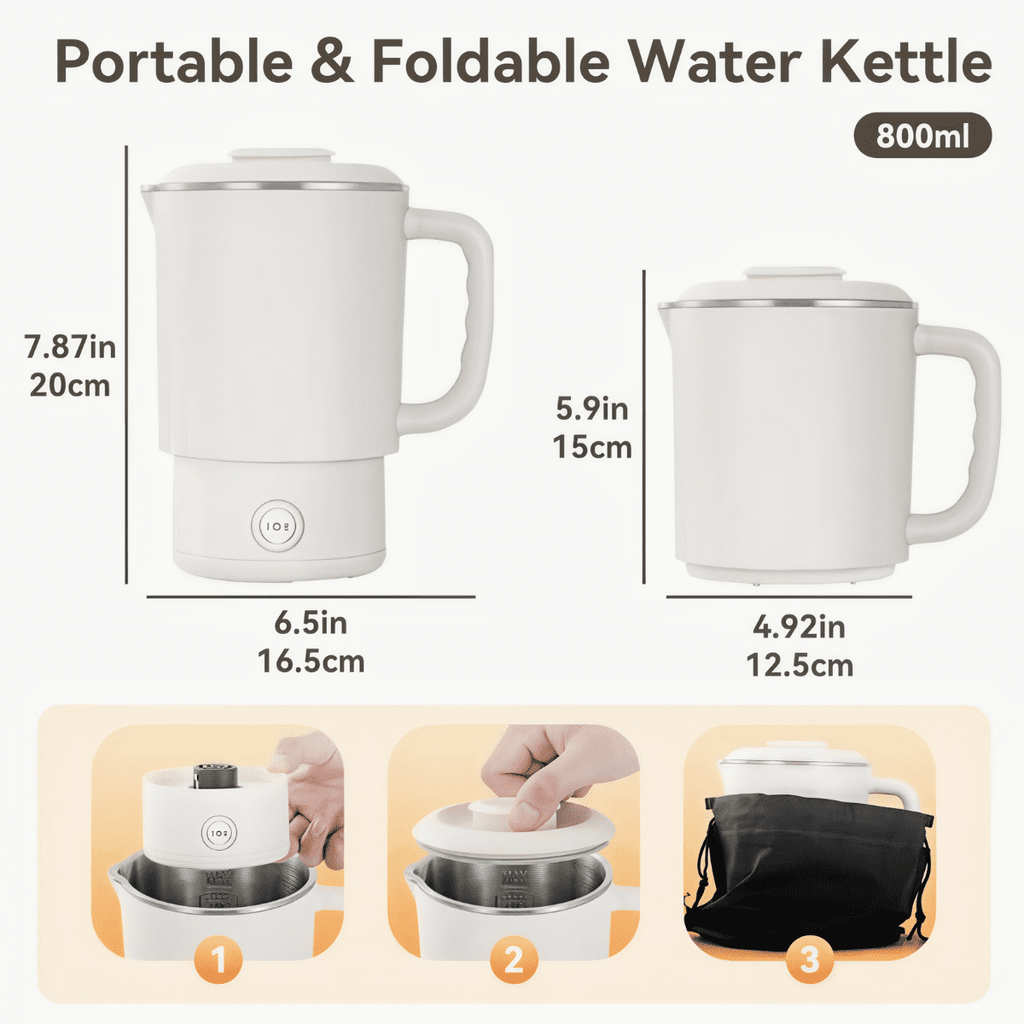 SpaceMuse Portable Collapsible Electric Water Kettle 27.1oz, 304 Stainless Steel Electric Kettle with Dual Heat Settings, Tea Brewer Milk Frother Coffee Maker with for Travel Camping Office&Home Use