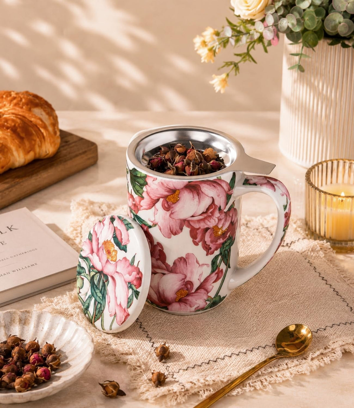 AmorArc Porcelain Tea Mug with Infuser and Lids, 18 Oz Cup Strainer Bag Holder for Loose Leaf Tea, Steeping Coffee Well-wrapped Box House-warming Wedding Birthday Gift, YelloRed