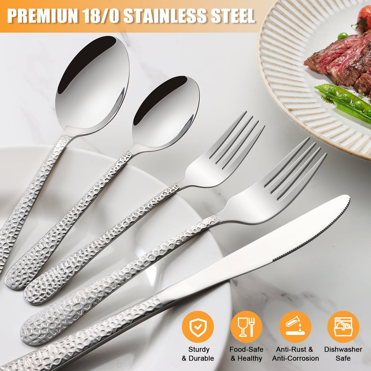 Vesteel Hammered Silverware Set, 40-Piece Stainless Steel Flatware Cutlery Set for 8, Includes Knives, Forks, Spoons, Mirror Polished & Dishwasher Safe
