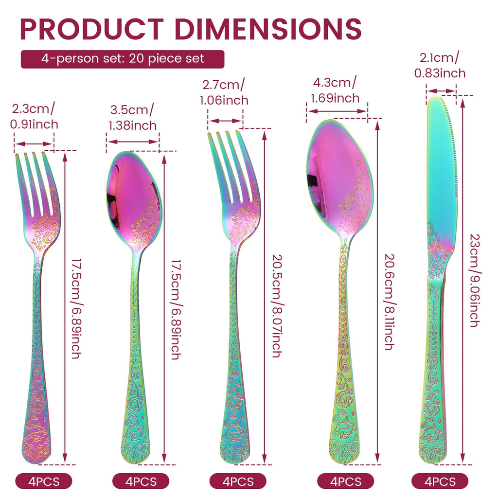 20 Pcs Floral Silverware Set Including Fork Spoon and Knife Stainless Steel Flatware Set Vintage Cutlery Set Mirror Polished Utensil Set for Kitchen Dishwasher Safe Service for 4