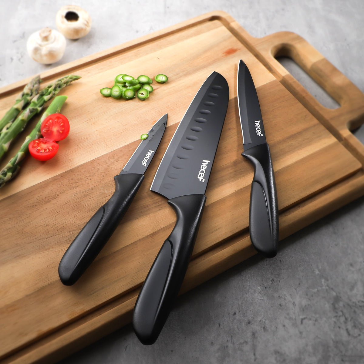 Hecef 3-Piece Kitchen Knife Set Chef, Santoku and Paring Knives, Ultra Sharp, Rust-Resistant