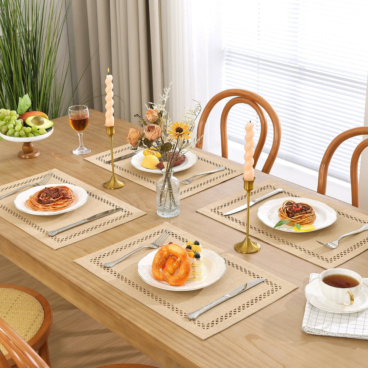 Placemats Set of 4, Yamaziot Double Layer Cloth Fabric Heat Resistant Place Mat, Washable Reversible Rectangle Dining Table Mats, Hollow Khaki, 12"x18"