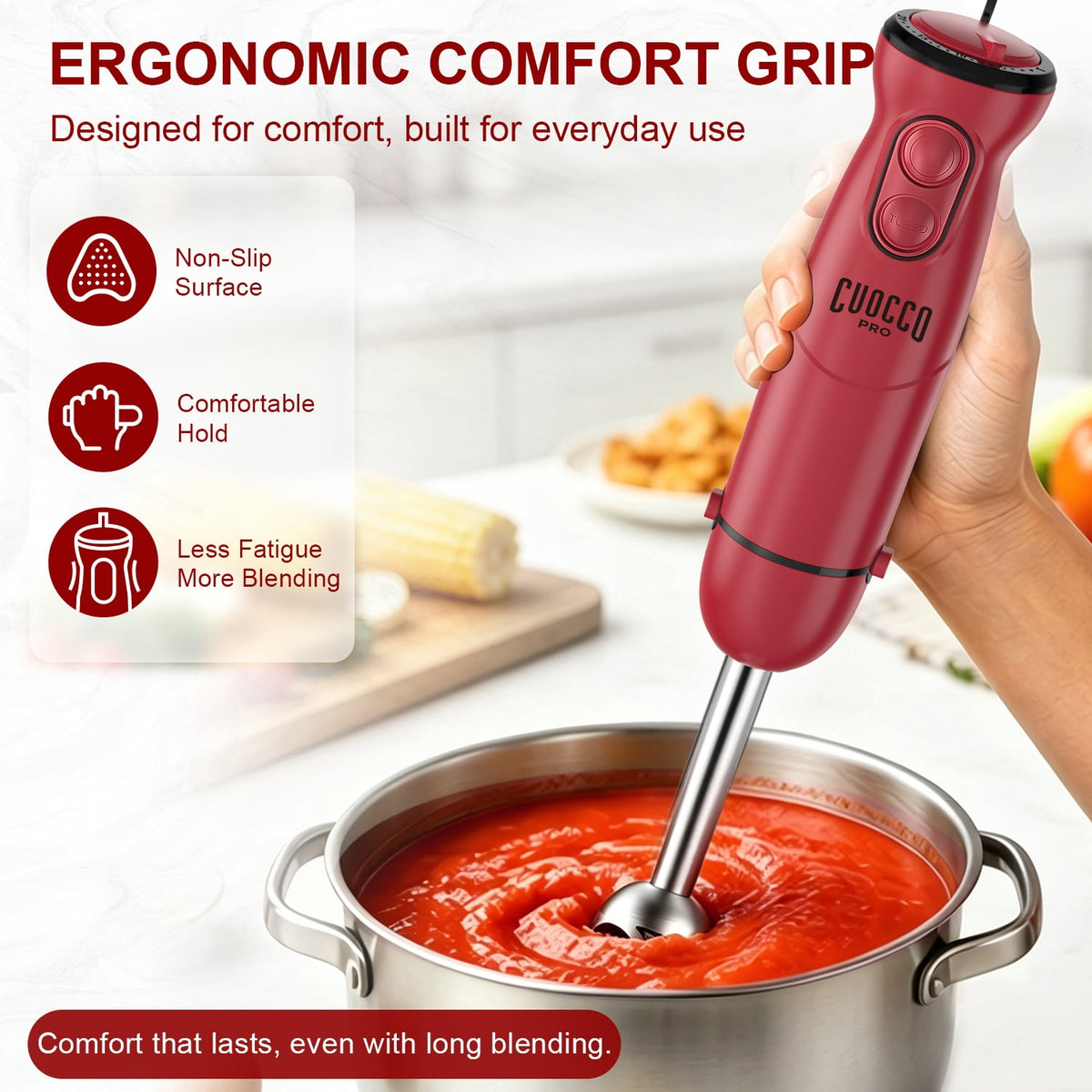CUOCCO PRO Immersion Blender Handheld, 1100W Hand Blender with 21 Speeds & Turbo, Hand Mixer for Smoothies, Soups & Baby Food, Dishwasher Safe, Red