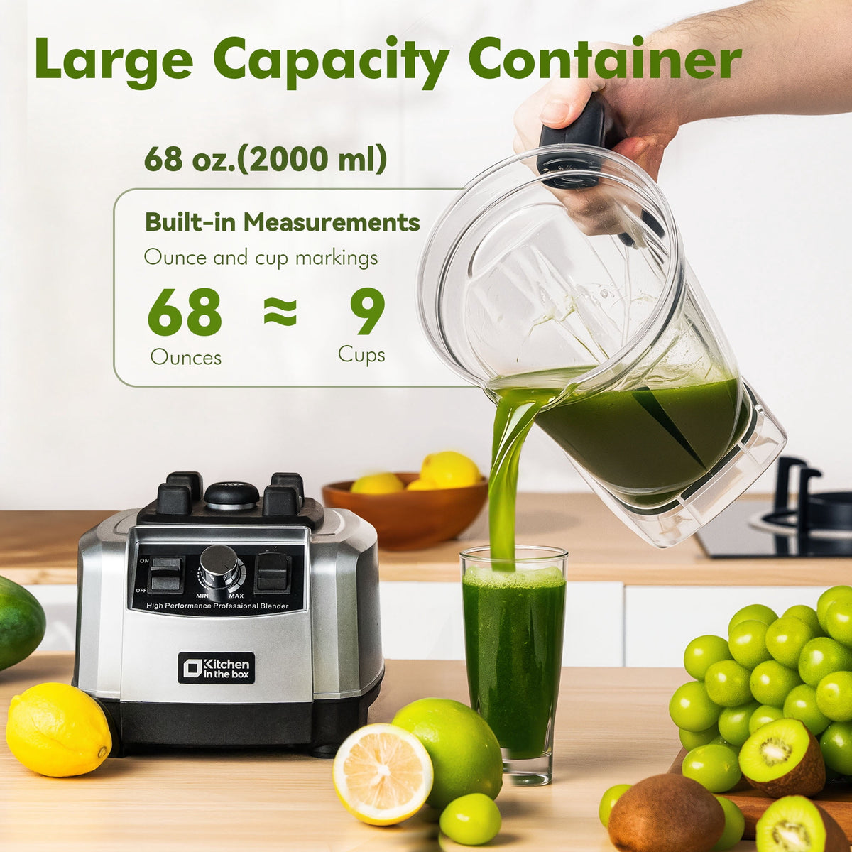 Kitchen in the box 68 oz Countertop Blender, 1450W (2 HP) Smoothie & Ice-Crushing Blender with Stainless Steel Blades, BPA-Free Tritan Jar — Black